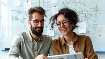 Creative professionals collaborating on a digital project, brainstorming innovative ideas with a tablet in a modern workspace.