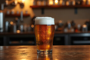 frothy pint of beer sits on wooden bar counter in cozy pub setting