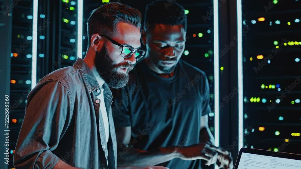 Poster Two professionals collaborating on a computer inside a tech environment with server racks in the background