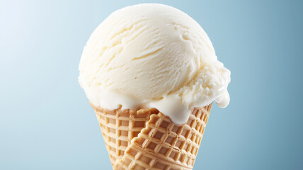 コーンに盛られたシンプルなバニラアイスクリームの涼しげな風景