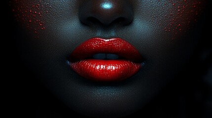 Obraz premium Close-up Shot of a Woman's Lips with Red Lipstick, Dark Skin and Red Glitter