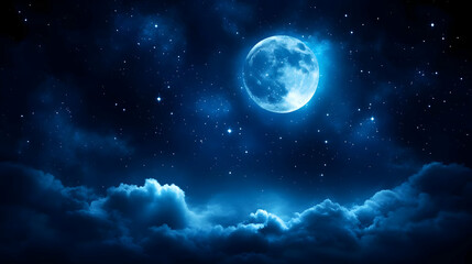 Naklejka premium A serene night sky full of stars, featuring a bright blue moon surrounded by soft clouds, perfect for tranquility.