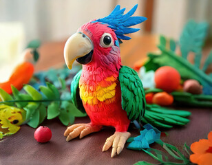 Naklejka premium Colorful cartoons handmade plasticine parrot crafting at home indoor fun art project for kids