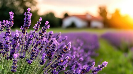 Fototapeta premium Purple lavender flowers bloom in a rural field at sunset with a blurred farmhouse in the background.