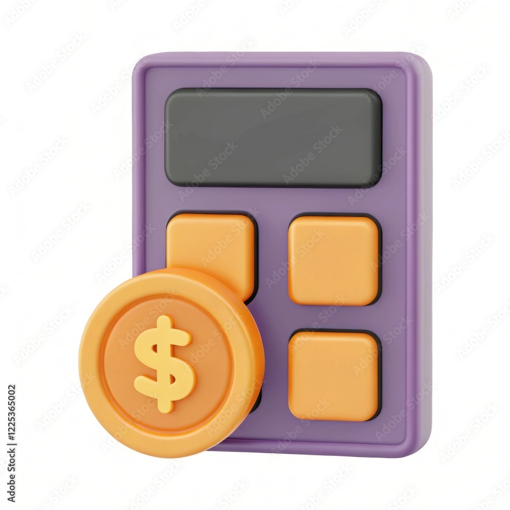 Poster a colorful calculator toy with a dollar sign coin, designed for playful learning about numbers and f