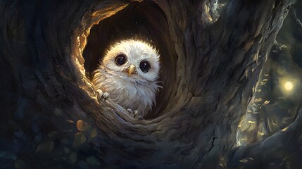 Cute Baby Owl Gazing from Hollow Tree in Magical Forest Setting