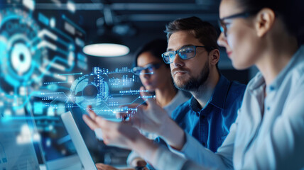 Technology professionals analyzing futuristic holographic data, collaborating on innovative business solutions in a high-tech workspace, analyzing digital data and technology