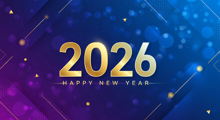 Happy New Year 2026: Glittering Gold Number Design on Blue Purple Background