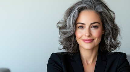 Fototapeta premium Confident mature businesswoman with wavy grey hair smiling in a bright office setting.