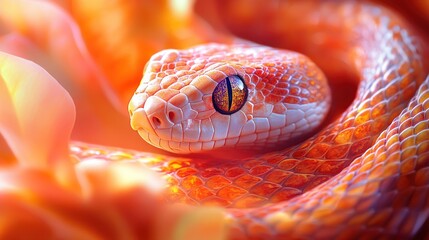Fototapeta premium A Fiery Orange Snake, With Scales Gleaming, Eyes Captivating. A Close-Up Shot Highlighting The Reptile'S Texture And Vibrant Color.