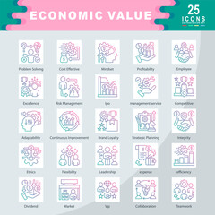 Economic Value icon set containing Problem Solving, Cost Effective, Mindset, Profitability, Employee, Excellence, Risk, Ipo, management service, Competitive, Adaptability icon. Simple gradian vector