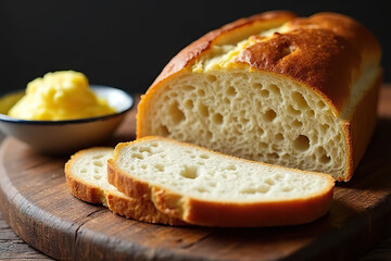 Freshly baked bread loaf with slices on wooden board, served with creamy butter