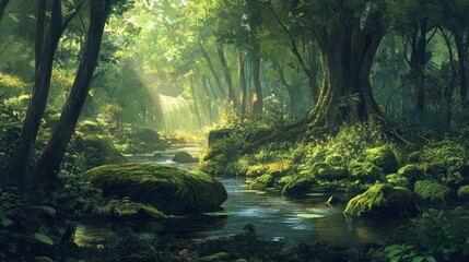 Obraz premium Serene Forest Stream Waterfall Scene Lush Greenery