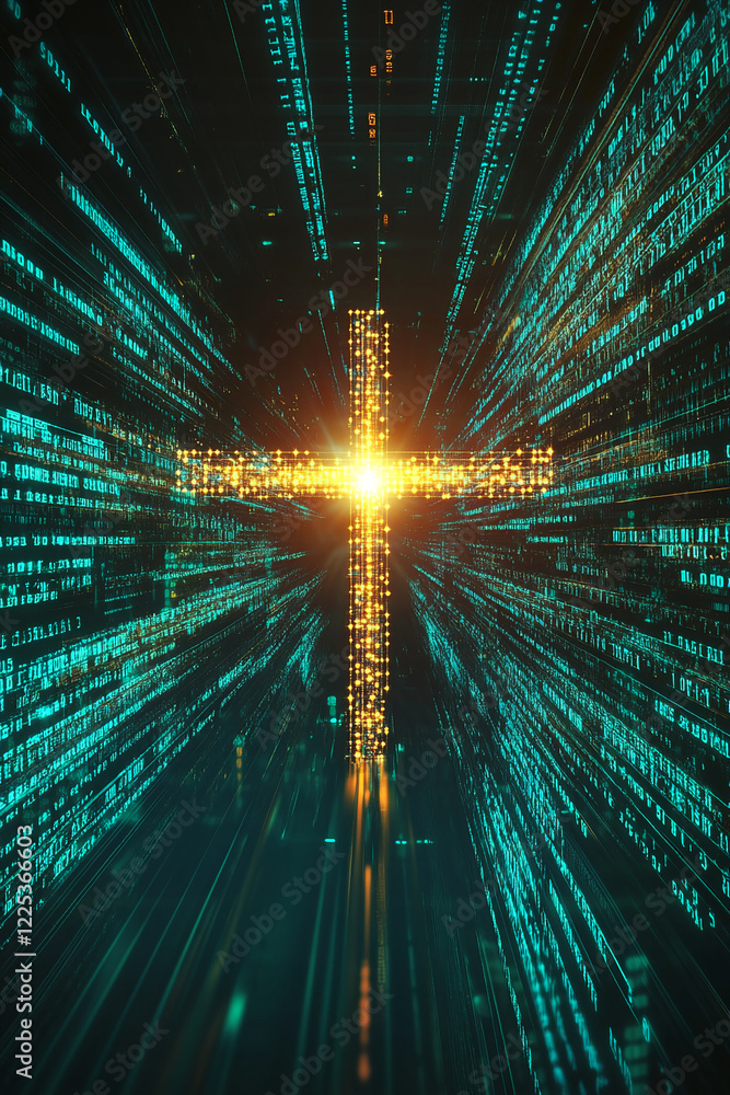 Poster golden cross illuminated in a futuristic digital matrix, symbolizing the integration of faith and te