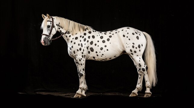 A striking photo of a white horse with black spots standing gracefully against a dark backdrop, showcasing elegance and symmetry. - Powered by Adobe