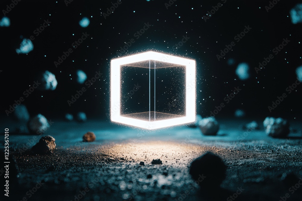 Poster a glowing hexagonal shape floats amid scattered rocks in a dark, mysterious environment, creating a 