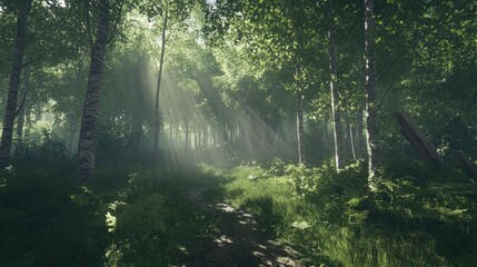 Fototapeta premium Sunbeams Illuminate a Lush Green Forest Path