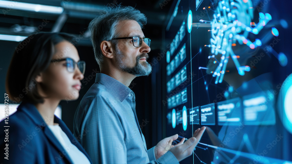 Poster two professionals analyze data on digital screen, discussing ai integration in business. setting is 