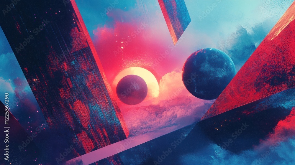 Poster abstract cosmic scene with planets and geometric structures