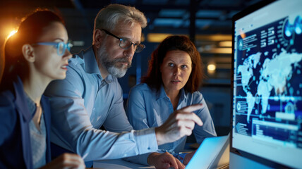 Executive team analyzing data on a digital screen, strategizing AI integration and business solutions in a high-tech office setting. atmosphere is collaborative and innovative 