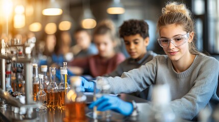 vibrant image of a classroom filled with students engaged in various STEM activities, with copy space. STEM 
