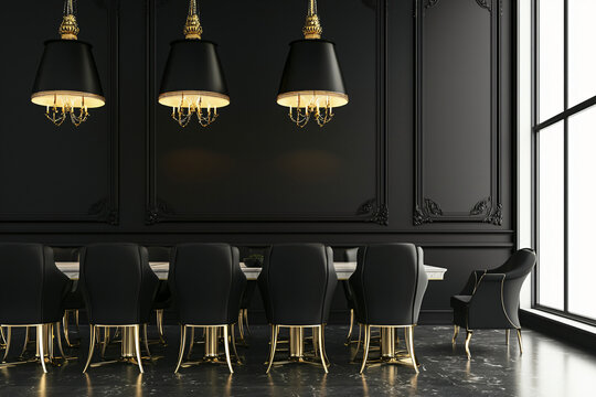 upscale dining venue with sleek furniture and striking black and gold decor