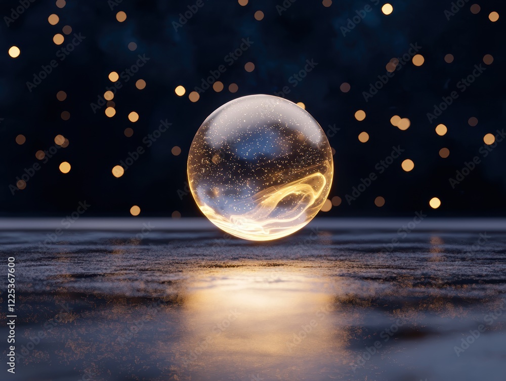 Poster a glowing orb floats above a reflective surface, surrounded by a starry backdrop, creating a mystica