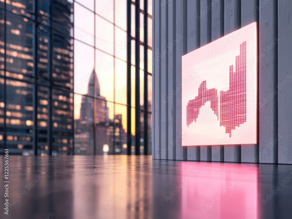 Poster a modern office space featuring a digital graph display and large windows showcasing a city skyline 