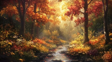 Obraz premium Autumnal Stream Flows Through A Colorful Forest