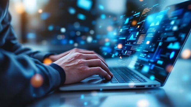 Computer engineer working on laptop computer with server room, data center, big data storage as backgrounds, digital technology, database, IT support, telecommunication concept