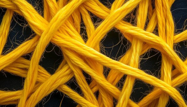 A detailed view of tangled bright yellow yarn against a contrasting dark background, highlighting texture and vivid color.