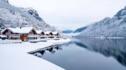Snowy mountain cabins reflected in calm lake. Winter wonderland landscape, ideal for travel brochures