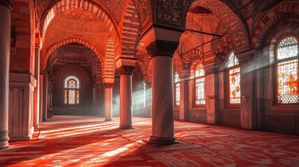 Obraz premium Sunlit Mosque Interior Columns Arches and Stained Glass