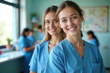 Fototapeta premium Two smiling female healthcare professionals in blue scrubs stand in bright medical setting, exuding positivity and teamwork