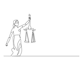 Continuous line art drawing of Themis goddess with scale. Blind lady justice with scales in hand- single line art drawing vector illustration. Editable stroke.