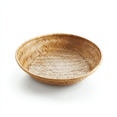 Fototapeta premium A beautiful, handcrafted wicker basket with a round shape, showcasing intricate weaving patterns, perfect for holding fruits or as decorative homeware piece.