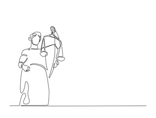 Continuous line art drawing of Themis goddess with scale. Blind lady justice with scales in hand- single line art drawing vector illustration. Editable stroke.