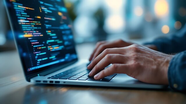 Digital technology, software development concept. Coding programmer, software engineer working on laptop with circuit board and javascript on virtual screen, internet of things IoT