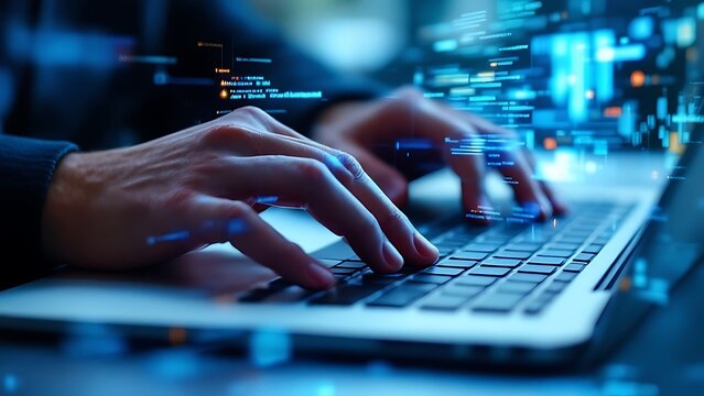 Digital technology, software development concept. Coding programmer, software engineer working on laptop with circuit board and javascript on virtual screen, internet of things IoT - Powered by Adobe