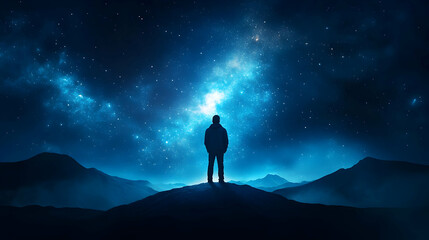 A solitary figure stands under a starry night sky, contemplating the vastness of the universe and their place within it.