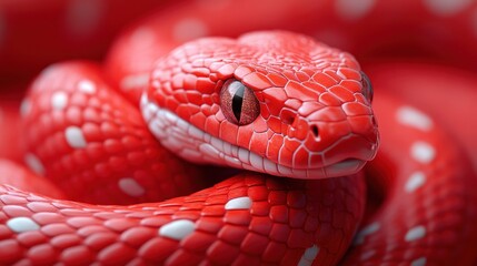 A Vibrant Red Snake With White Spots, Its Scales Gleaming Under The Light, Its Eye Piercing. A Close-Up Shot Focusing On Texture And Detail.