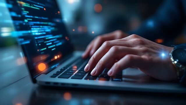 Digital technology, software development concept. Coding programmer, software engineer working on laptop with circuit board and javascript on virtual screen, internet of things IoT