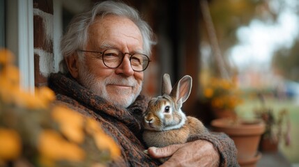 Naklejka na ściany i meble An elderly man sits comfortably outside on a porch, gently holding a small rabbit. Bright orange flowers add warmth to the tranquil outdoor setting in a peaceful afternoon atmosphere.