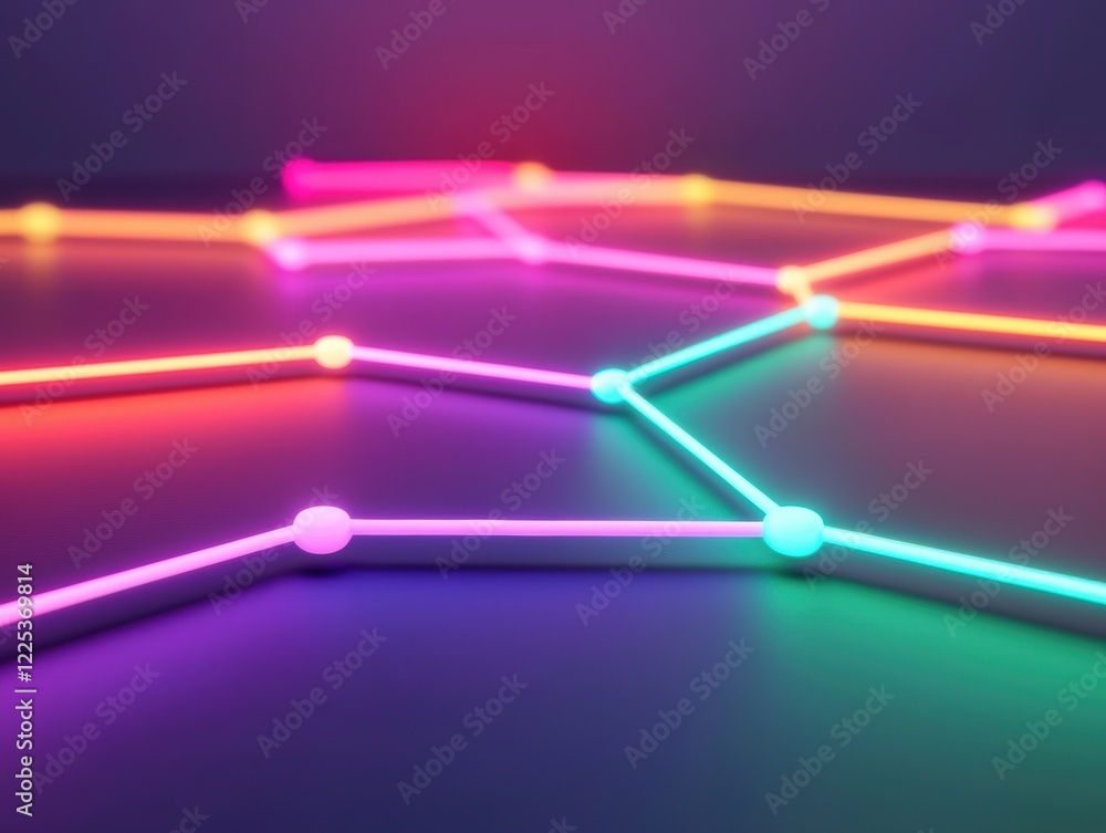 Poster a vibrant, abstract representation of interconnected lines and nodes illuminated in neon colors agai