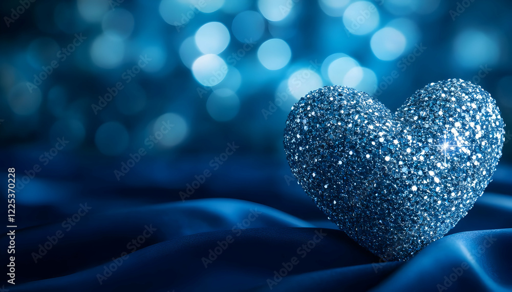 Poster a sparkling blue heart on a satin surface, creating a mesmerizing, romantic atmosphere with soft bok