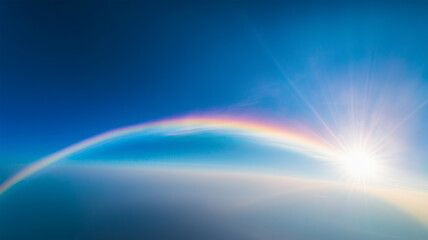 飛行機の翼越しに見える虹と青空の美しい風景