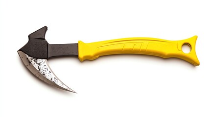 A close-up view of a yellow-handled curved blade tool, suitable for various cutting tasks, isolated on a white background. Perfect for gardening, harvesting, or craft projects.