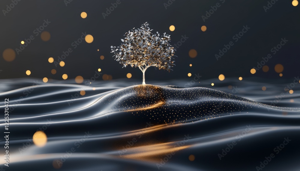 Poster a serene digital landscape featuring a luminous tree surrounded by flowing waves and shimmering part