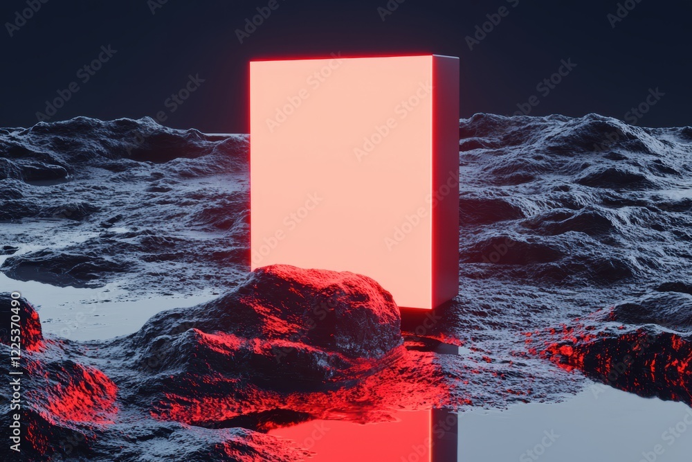 Poster a glowing red rectangular object stands on a dark, textured surface, reflecting light in an abstract