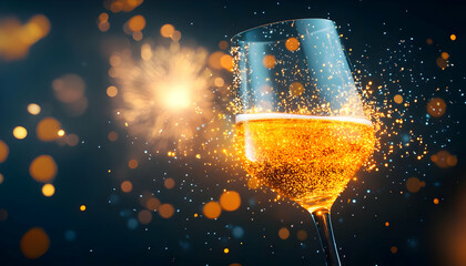 A sparkling glass of champagne with vibrant golden bubbles against a dark backdrop, perfect for celebrations.